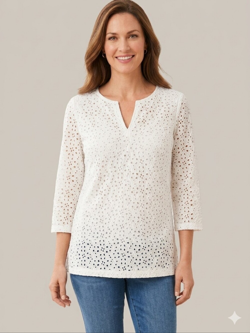 Talbots White Eyelet Lace V-Neck Tunic Top 3/4 Sleeve Size 10 - Like New